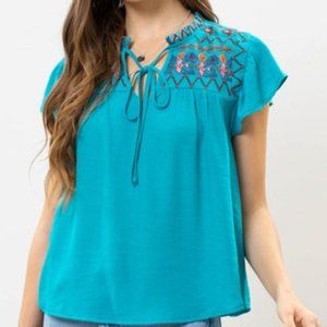 Blu Pepper Teal Embroidered Front Tie Split Neck Top